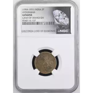 1904-1931 India Hyderabad 2 Pai from Golconda Land of Diamonds label NGC Genuine