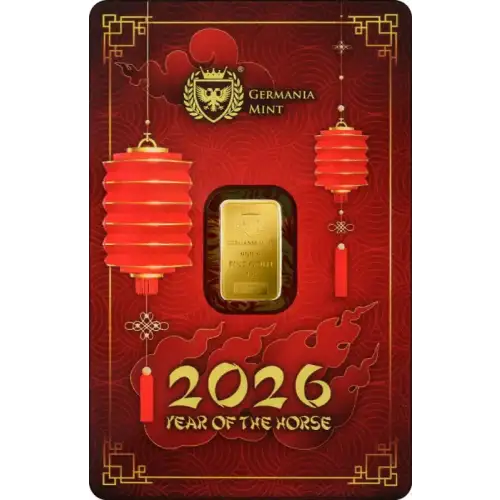 1g Germania Mint Chinese Year of the Horse .9999 Gold Bar in Assay Card