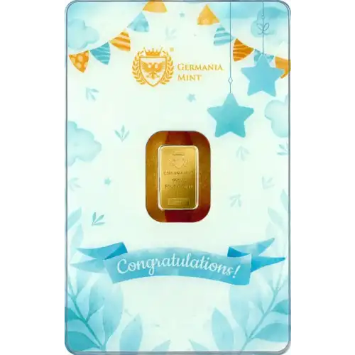 1g Germania Mint Congratulations Newborn Baby Boy .9999 Gold Bar in Assay Card
