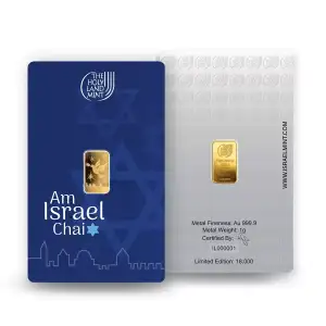 1g Holy Land Mint Am Israel Chai .9999 gold bar