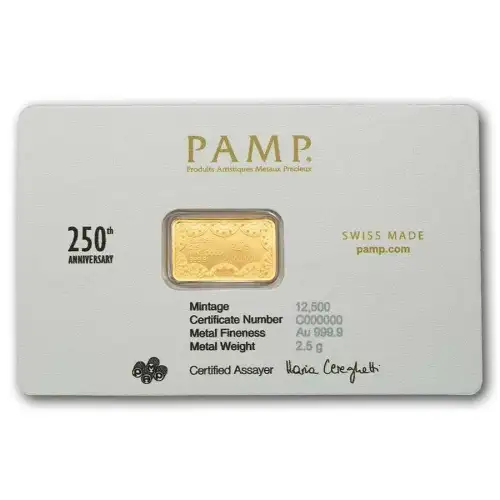 2.5g PAMP 250th Anniversary of the USA .9999 Gold Bar in Assay  (2)