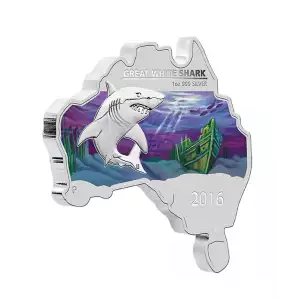 2016 1oz Australia Perth Mint GREAT WHITE SHARK Australian Map Shaped .999 Silver Coin