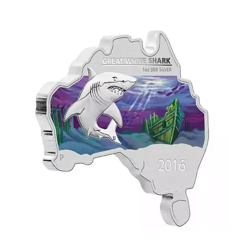 2016 1oz Australia Perth Mint GREAT WHITE SHARK Australian Map Shaped .999 Silver Coin