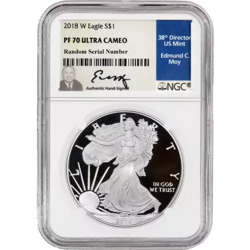 2018 W 1oz American Silver Eagle Proof Coin - NGC PF70 UC Edmund C Moy signed (2)