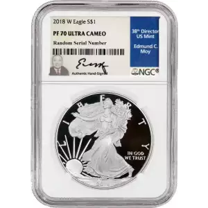 2018 W 1oz American Silver Eagle Proof Coin - NGC PF70 UC Edmund C Moy signed (2)