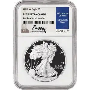 2019 W 1oz American Silver Eagle Proof Coin - NGC PF70 UC Edmund C Moy signed