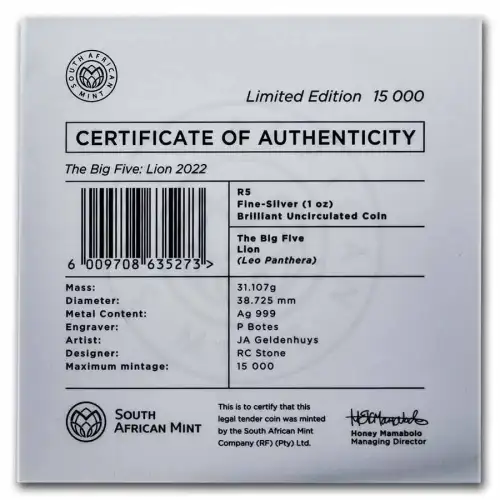 2022 1 oz South Africa Big Five Series II Lion .999 Silver Coin BU (2)