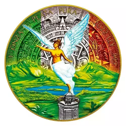 2022 1oz Mexican .999 Silver Libertad Aztec Calendar Colorized Gilded Coin