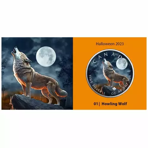 2023 1oz Canada Maple Leaf Halloween Howling Wolf Edition .9999 Silver Coin (2)