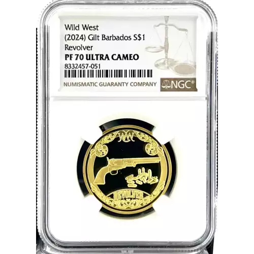 2024 1/4oz Barbados Wild West Revolver Gold Gilt Silver Coin NGC PF70 UC