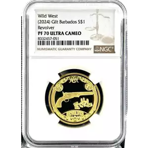 2024 1/4oz Barbados Wild West Revolver Gold Gilt Silver Coin NGC PF70 UC