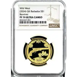2024 1/4oz Barbados Wild West Revolver Gold Gilt Silver Coin NGC PF70 UC