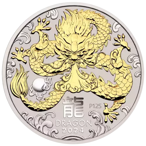 2024 1 oz Australian Lunar Series III - Year of the Dragon .9999 Silver Gilded Coin (5)