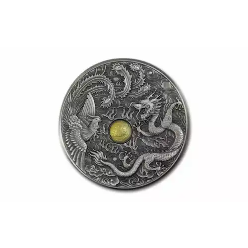 2024 1 oz Dragon & Phoenix Rotating Planchet Window .999 Silver Antique Medal