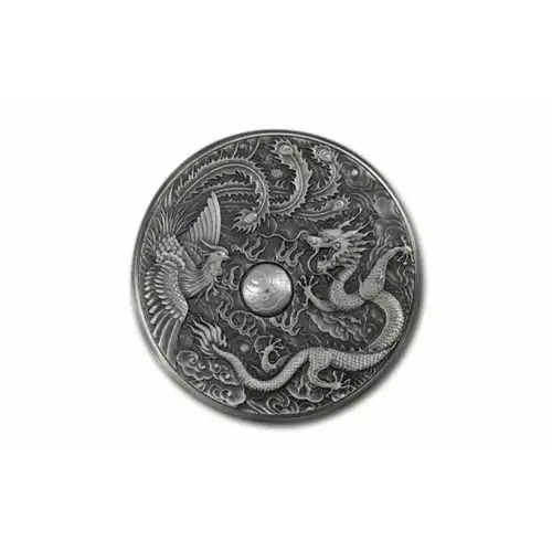 2024 1 oz Dragon & Phoenix Rotating Planchet Window .999 Silver Antique Medal (2)