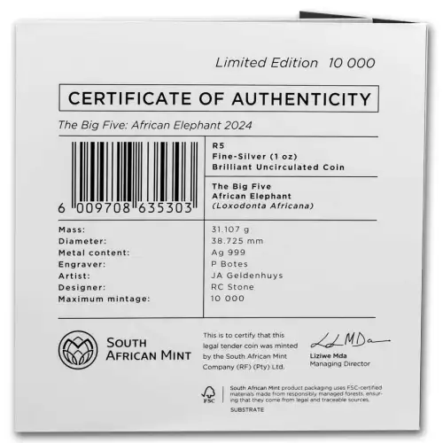 2024 1 oz South Africa Big Five Series III Elephant .999 Silver Coin BU (In Card) (2)