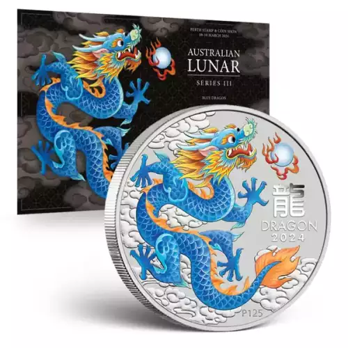 2024 1oz Australia Perth Stamp & Coin Show - Blue Dragon .9999 silver Coin in Limited Assay Card (2)