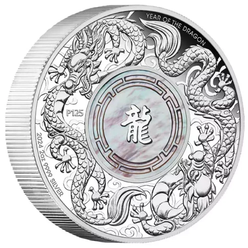  2024 2oz Australia Perth Mint Double Dragon Mother-of-Pearl .9999 Silver Coin