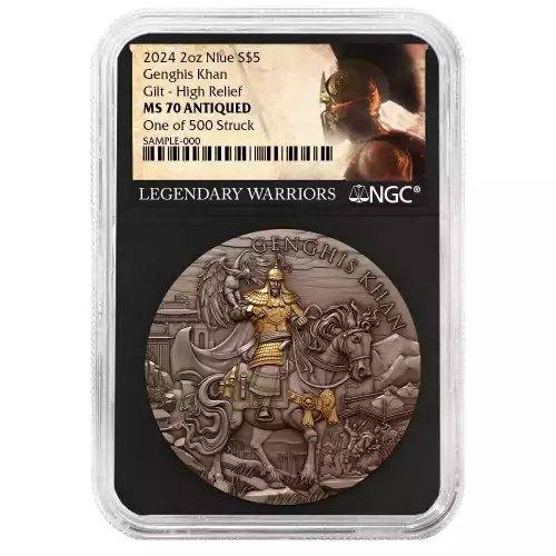 2024 2oz Legendary Warriors Genghis Khan High Relief Antiqued Gilding NGC MS70