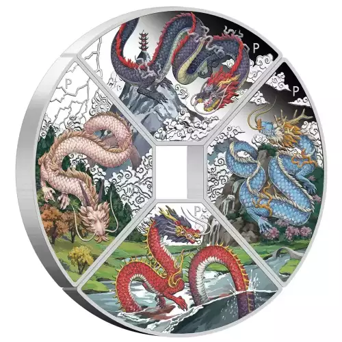 2024 4x1oz Perth Mint Year of the Dragon Quadrant .9999 Silver Proof Coloured Four-Coin Set (4)