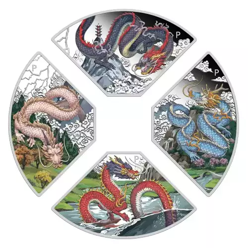 2024 4x1oz Perth Mint Year of the Dragon Quadrant .9999 Silver Proof Coloured Four-Coin Set (5)