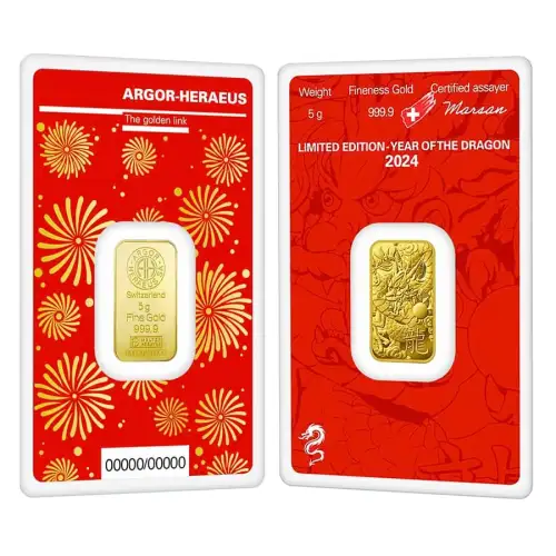 2024 5g Argor-Heraeus Lunar Year of the Dragon .9999 Gold Bar in Assay