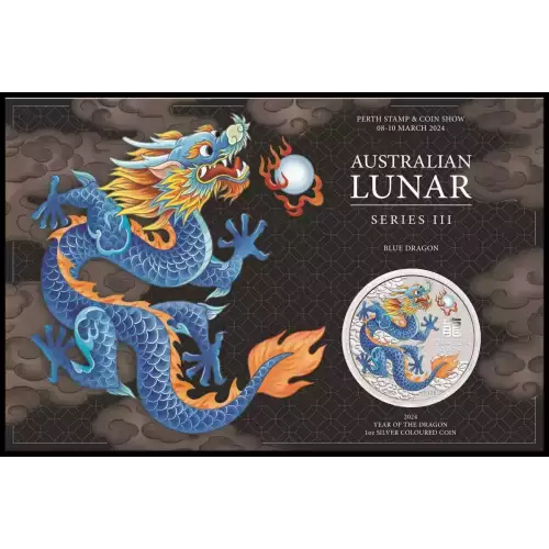 2024 Perth Mint Australia Perth Stamp & Coin Show - Blue Dragon 1 oz silver in original mint Assay Card