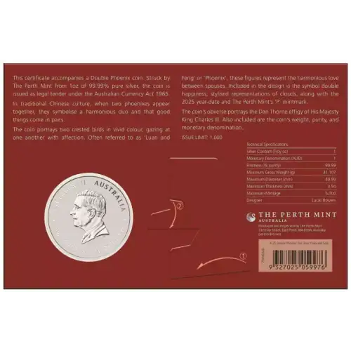 2025 1oz Australia Perth Mint Chinese Myths and Legends - Double Phoenix Vivid Coloured .9999 Silver Coin in Card (2)