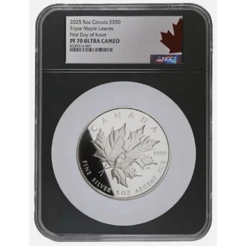 2025 5 oz Canada RCM Triple Maple Leaves .9999 Silver Coin NGC PF70 Ultra Cameo FDOI Black Core