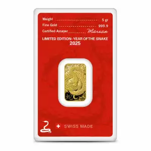 2025 5g Argor-Heraeus Lunar Year of the Snake Minted .9999 Gold Bar in Assay