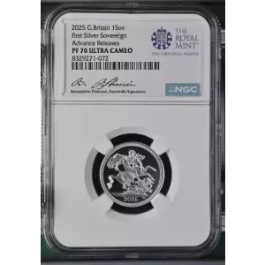 2025 Royal Mint Proof Sovereign .999 Silver Coin - NGC PF70 Advanced Release Signed (2)