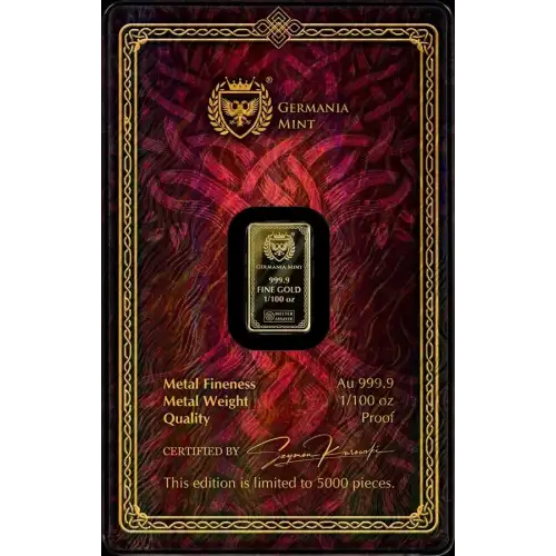 2026 1/100 oz Germania Mint Frigg .9999 Proof Gold Bar in Assay (2)