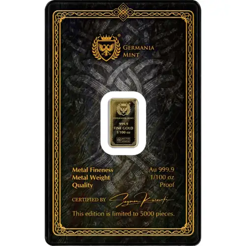 2026 1/100 oz Germania Mint Odin .9999 Proof Gold Bar in Assay (2)