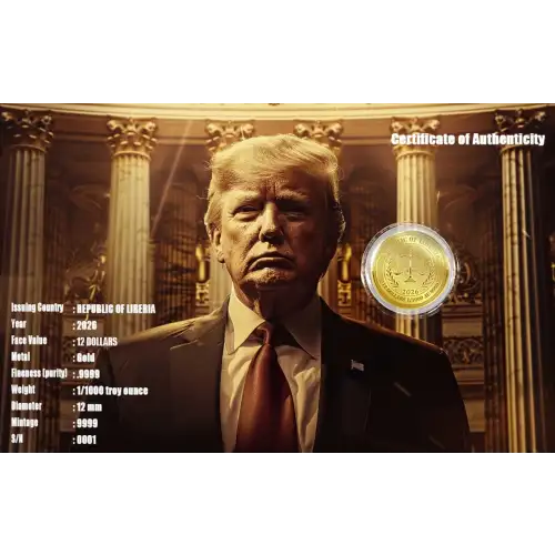 2026 1/1000th oz Liberia TRUMP 250th Anniversary .9999 Gold Coin in Card (2)