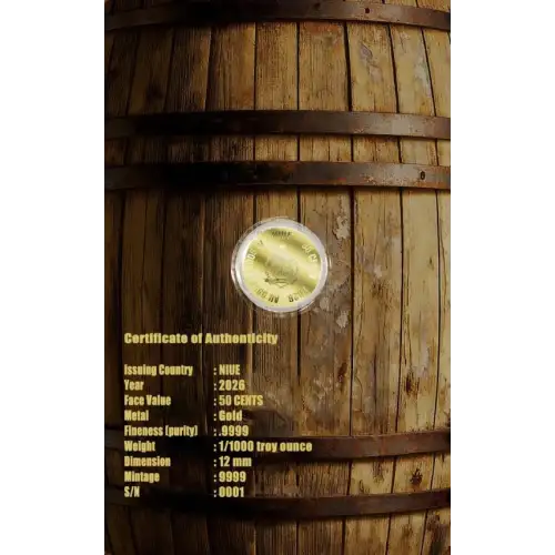 2026 1/1000th oz Niue Whiskey Bourbon Gold Coin in Card