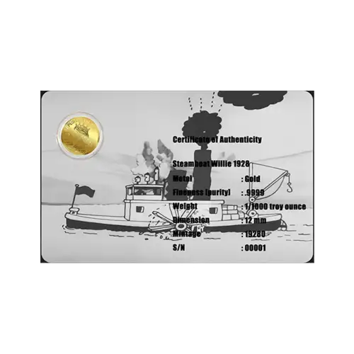 2026 1/1000th oz Steamboat Willie 1928 .9999 Gold Coin in Card