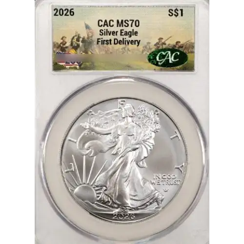 2026 1 oz American Silver Eagle CACG MS70 First Delivery America 250 Battlefield Label