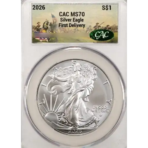 2026 1 oz American Silver Eagle CACG MS70 First Delivery America 250 Battlefield Label