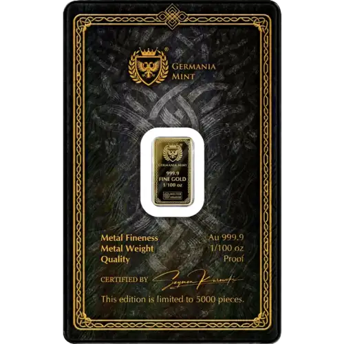 2026 1/100 oz Germania Mint Thor .9999 Proof Gold Bar in Assay
