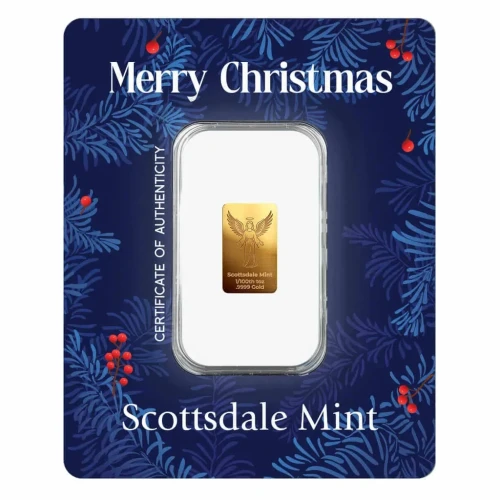 2026 1/100th oz Scottsdale Mint Merry Christmas Angel .9999 Gold Bar in Certi-Lock Assay