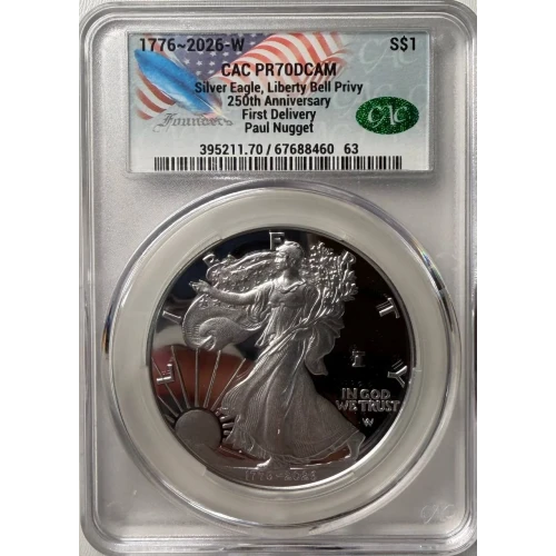 2026 American Silver Eagle Proof Liberty Bell Privy CACG PR70 First Delivery - Founders Label Paul Nugget signed