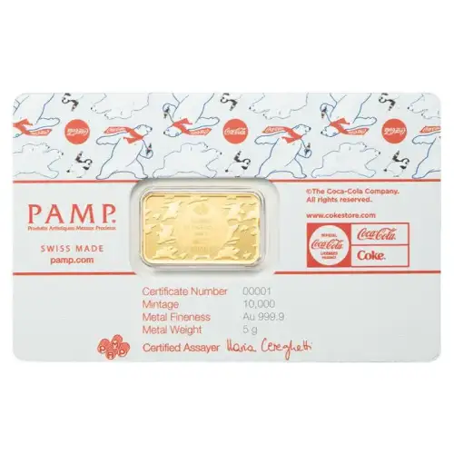 5 gram PAMP Suisse Coca-Cola Holiday Polar Bears .9999 Gold Bar in Assay (2)