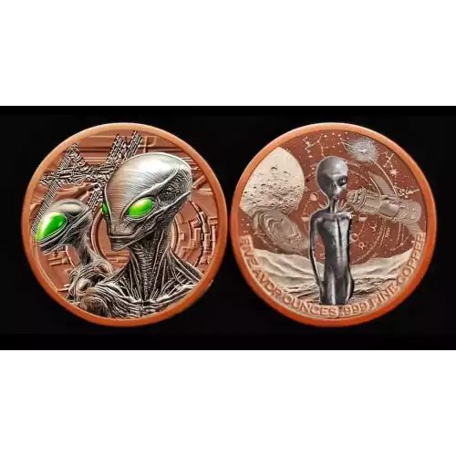 5oz Glow in the Dark Alien Colorized .999 Copper Round