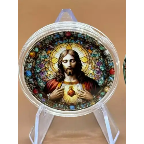 Jesus Sacred Heart Stained Glass 1 oz silver Colorized Art Round