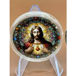 Jesus Sacred Heart Stained Glass 1 oz silver Colorized Art Round