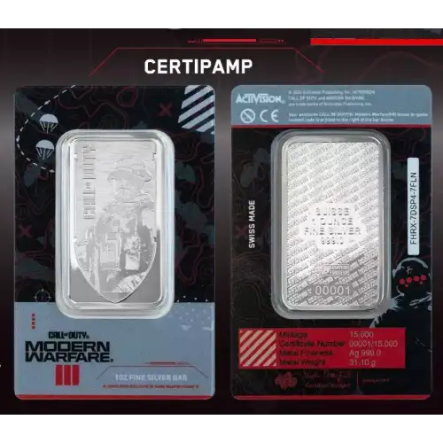 Pamp Suisse Call of Duty 20th Anniversary: Modern Warfare III 1 oz silver bar in Assay card w/Pendant Frame (2)