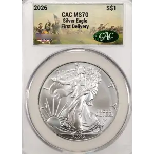 2026 1 oz American Silver Eagle CACG MS70 First Delivery America 250 Battlefield Label