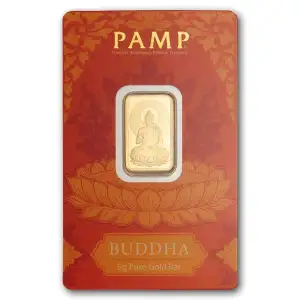 5 gram PAMP Suisse Buddha .9999 Gold Bar in Assay w/ Gift Sleeve