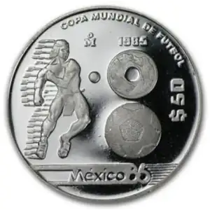 1985-1986 MEXICO FIFA World Cup Football Soccer Proof Silver 50 Peso Coin